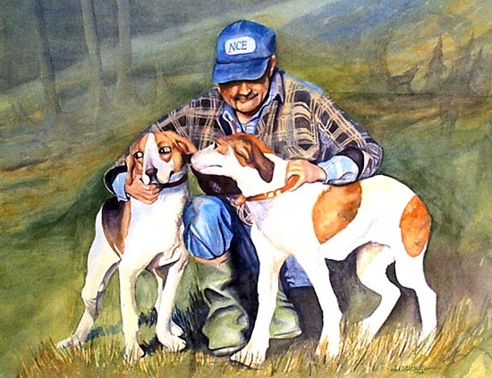 Rudy's Hounds by Christie Best Pearson - Watercolour 28 x 32 framed